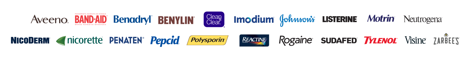Logos of 21 Kenvue brands, including Aveeno, Band-Aid, Benadryl, Benylin, Clean & Clear, Imodium, Johnson’s, Listerine, Motrin, Neutrogena, Nicoderm, Nicorette, Penaten, Pepcid, Polysporin, Reactine, Rogaine, Sudafed, Tylenol, Visine and Zarbee's