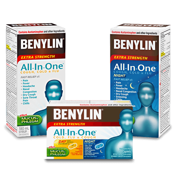 Three BENYLIN® All‑In‑One® Cold, Flu & Cough syrup products for day and night
