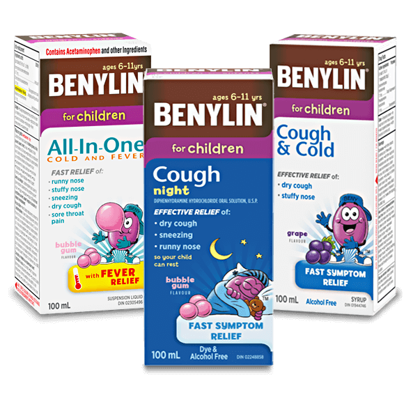 Three BENYLIN® For Children All‑In‑One® Syrup products for Cold, Fever and Cough
