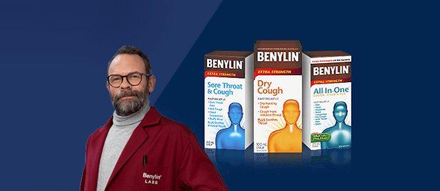 Banner containing 3 Benylin Products: Sore Throat & Cough, All in One, Dry Cough