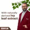 A man with glasses and beard wearing BENYLIN® Lab jacket next to a product claim stating ‘with naturally derived ivy leaf extract’’