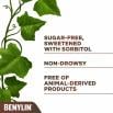 Ivy leaves next to the product claim stating ‘free of sugar, free of animal-derived products, sweetened with sorbitol and non-drowsy.