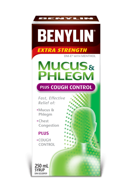 BENYLIN® MUCUS & PHLEGM PLUS COUGH CONTROL Syrup, 250mL. Relief of: mucus & phlegm, dry cough and soothes sore throat.