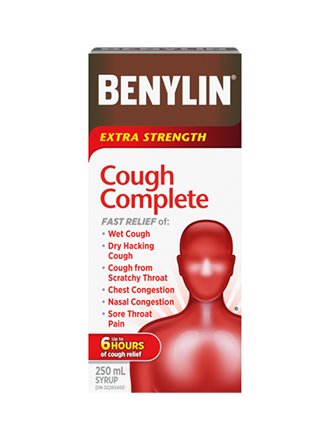 Benylin Extra Strength Cough Plus Cold Relief syrup, 250mL. For relief of: cough, chest congestion, nasal congestion and sore throat pain.