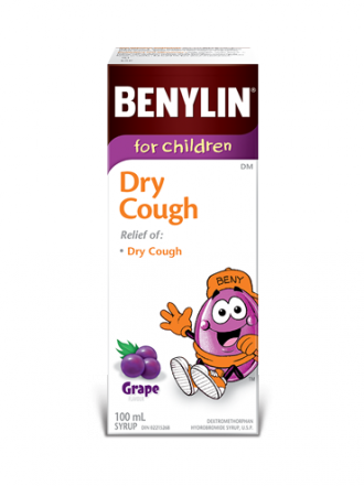  Benylin for Children Dry Cough syrup, grape flavour, 100mL. For relief of: dry cough.