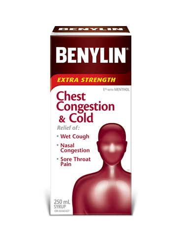Benylin Extra Strength Chest Congestion & Cold syrup, 250mL. For relief of: wet cough, nasal congestion and sore throat pain.