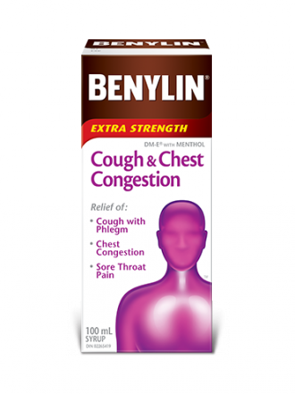 Benylin Extra Strength Cough & Chest Congestion syrup, 100mL. For relief of: cough with phlegm, chest congestion and sore throat pain.