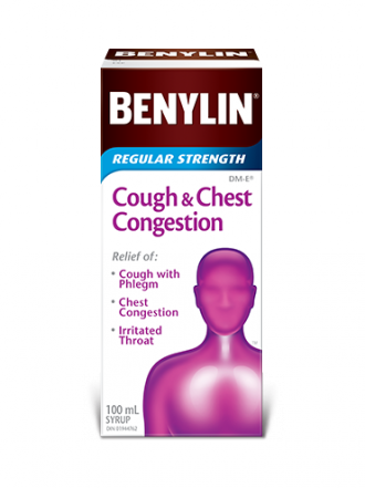 Benylin Regular Strength Cough & Chest Congestion syrup, 100mL. For relief of: cough with phlegm, chest congestion and irritated throat.