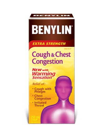Benylin Extra Strength Cough & Chest Congestion with Warming Sensation syrup, 250mL. For relief of: cough with phlegm, chest congestion, and irritated throat.