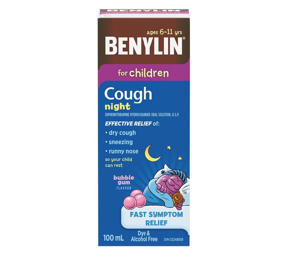 BENYLIN Night For Children cough syrup, bubble gum flavour, 100mL.
