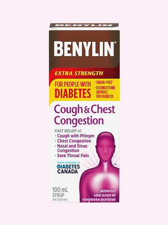 Benylin Extra Strength for People with Diabetes. Cough & Congestion Syrup for relief of: cough, chest congestion, nasal and sinus congestion and sore throat pain, 100mL.