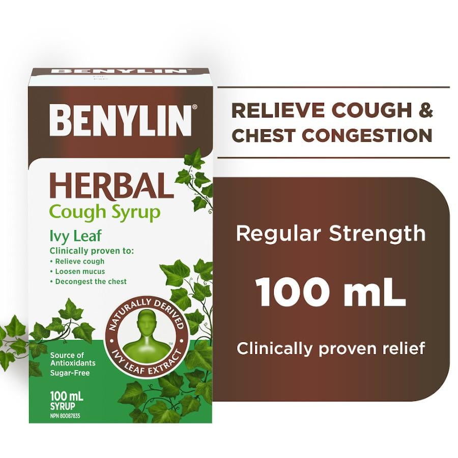 BENYLIN® Herbal Cough Syrup Ivy Leaf, 100 mL with text saying ‘Relieve COUGH & Chest Congestion”