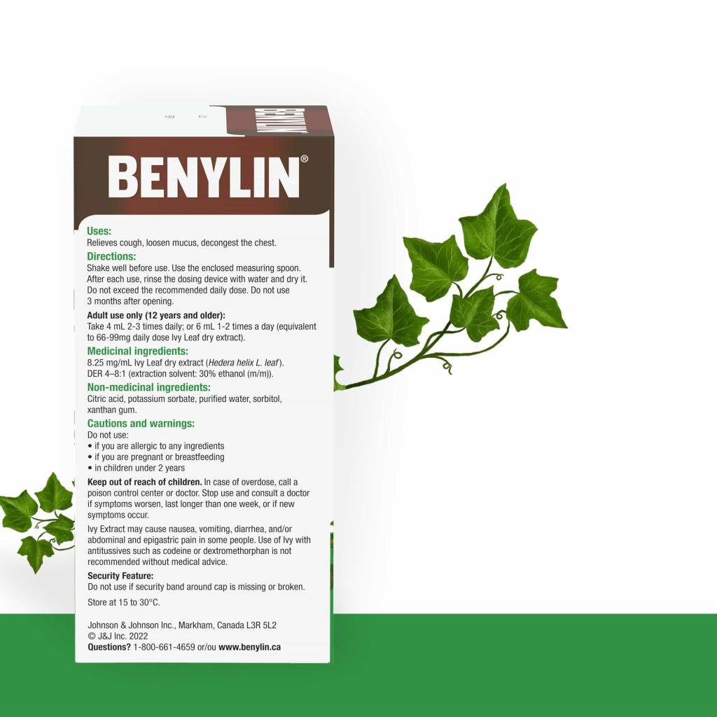 BENYLIN® Herbal Cough Syrup Ivy Leaf, 100 mL, back packaging displaying usages and ingredients.