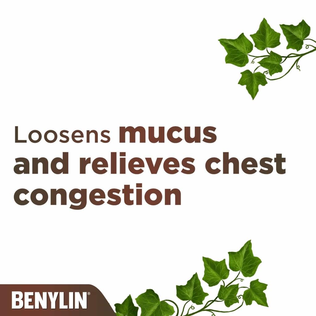 Ivy leaves and a product claim stating ’Loosens mucus and relieves chest congestion’