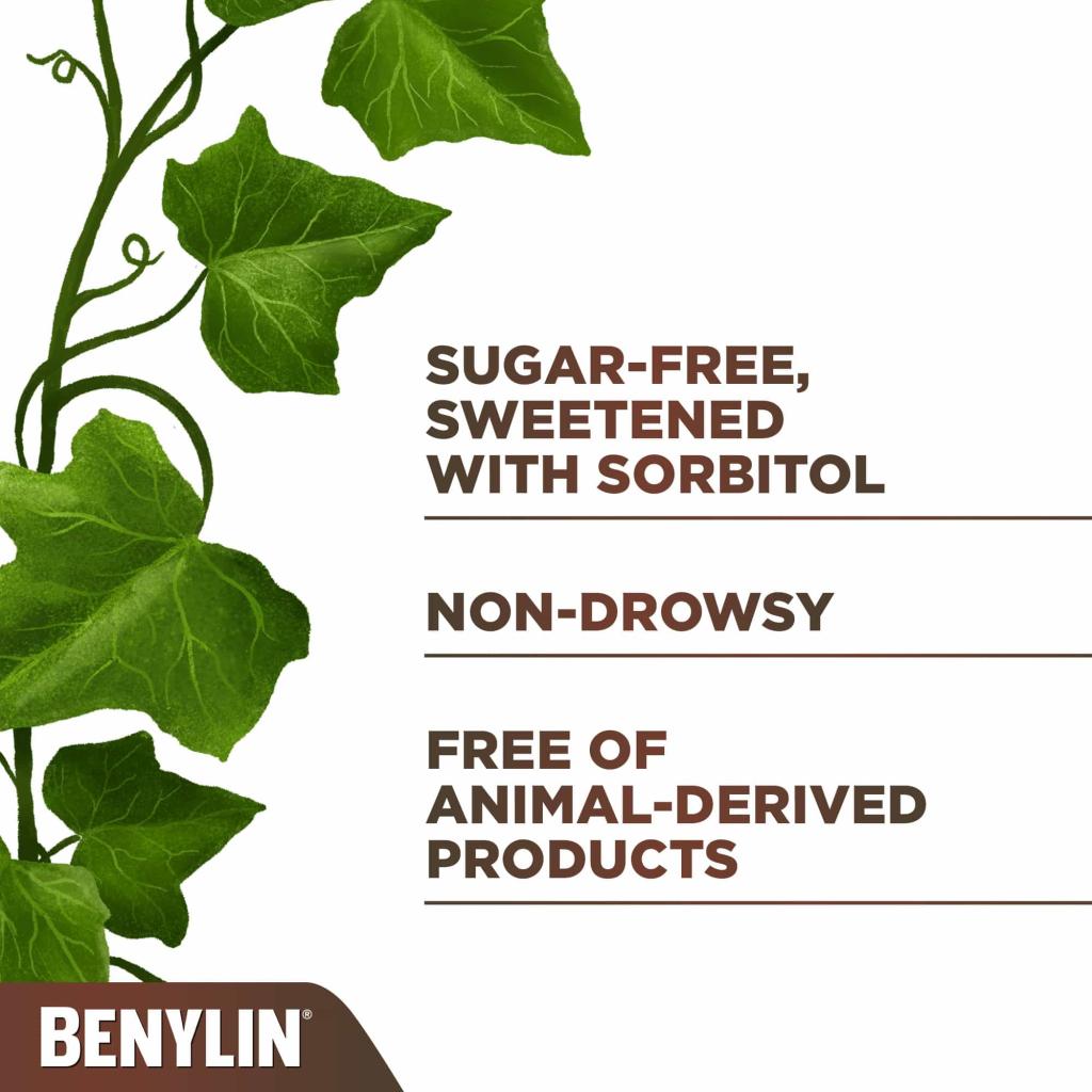 Ivy leaves next to the product claim stating ‘free of sugar, free of animal-derived products, sweetened with sorbitol and non-drowsy.
