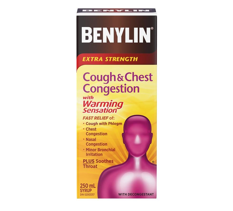 Benylin Extra Strength Cough & Chest Congestion with Warming Sensation syrup, 250mL. For relief of: cough with phlegm, chest congestion, and irritated throat.