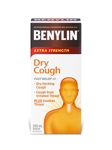 A packet of BENYLIN® Dry Cough Syrup, 250 mL