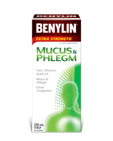 BENYLIN® MUCUS & PHLEGM Syrup, 250mL. Relief of: mucus & phlegm and sore throat pain.