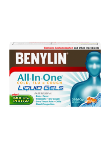 Benylin All-in-One Cold, Flu & Cough Liquid Gels, 20 Gel Caps