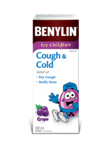 Benylin for Children Cough & Cold syrup, grape flavour, 100mL. For relief of: dry cough and stuffy nose.
