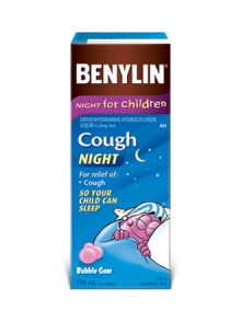 Benylin Night for Children. Cough relief so your child can rest. Bubble gum flavour, 100mL.