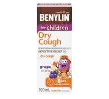 Benylin for Children Dry Cough syrup, grape flavour, 100mL. For relief of: dry cough.