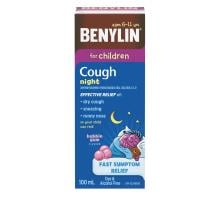 BENYLIN Night For Children cough syrup, bubble gum flavour, 100mL.