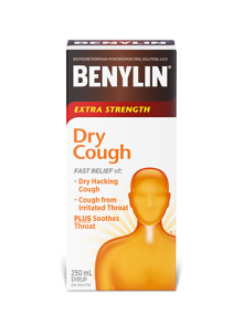 Benylin Regular Strength Dry Cough syrup, 100mL. For relief of: dry hacking cough and irritated throat.