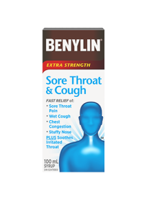 Benylin Extra Strength Sore Throat and Cough Syrup, 100mL. Get fast relief of sore throat pain, wet cough, chest congestion, and stuffy nose. Plus soothing of irritated throat.